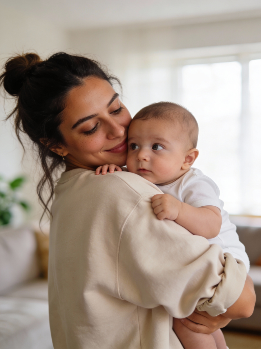 New mom cuddling her baby — postpartum nutrition and recovery