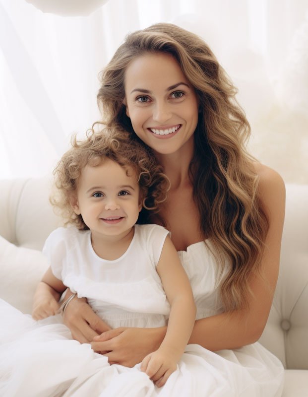 A woman and a young girl sitting on a white couch, smiling at the camera, in a bright, airy room.