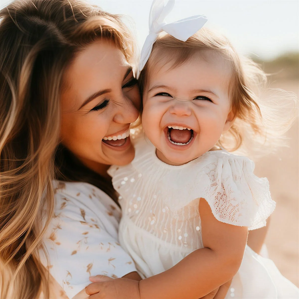 Mother and daughter laughing outdoors — joyful motherhood