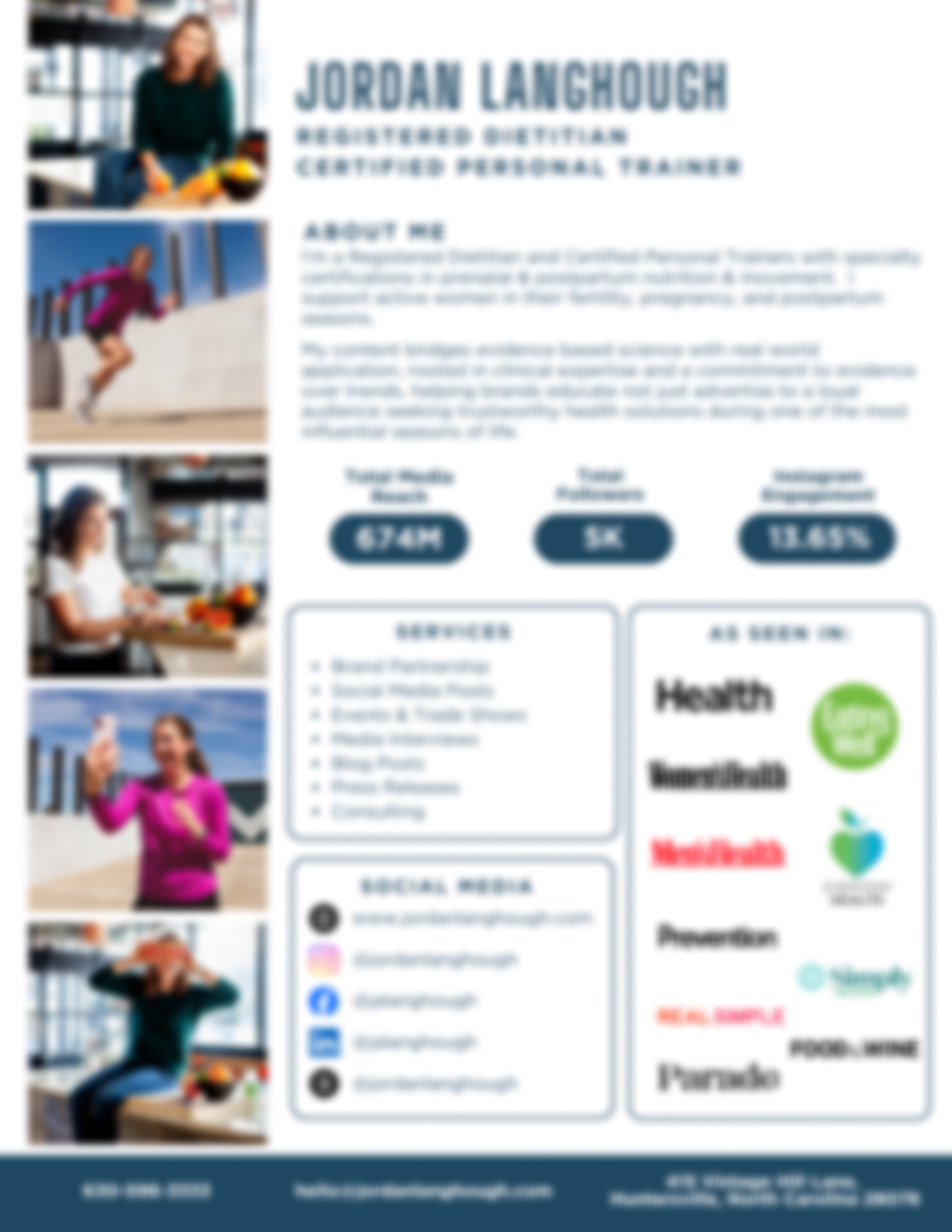 Jordan Langhough media kit — Registered Dietitian and personal trainer bio, stats, services, and press features