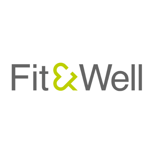 Logo featuring the words "Fit & Well" with a black background.