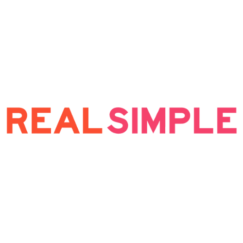 The phrase "REAL SIMPLE" in bold red and pink capital letters on a black background.