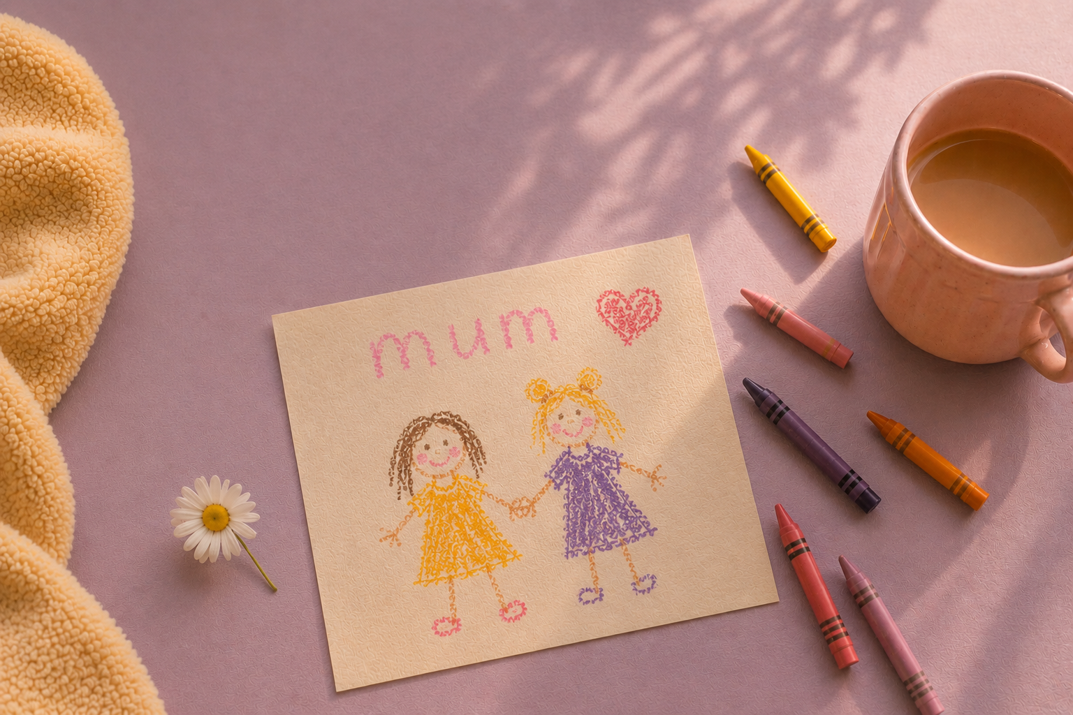 A child's drawing on a textured paper features two girls holding hands, one with brown hair in a yellow dress and the other with blonde hair in a purple dress, with the word 'mum' and a heart drawn above them. Surrounding the drawing are crayons, a mug with a hot beverage, a daisy flower, and a yellow plush fabric, all on a pastel pink surface.