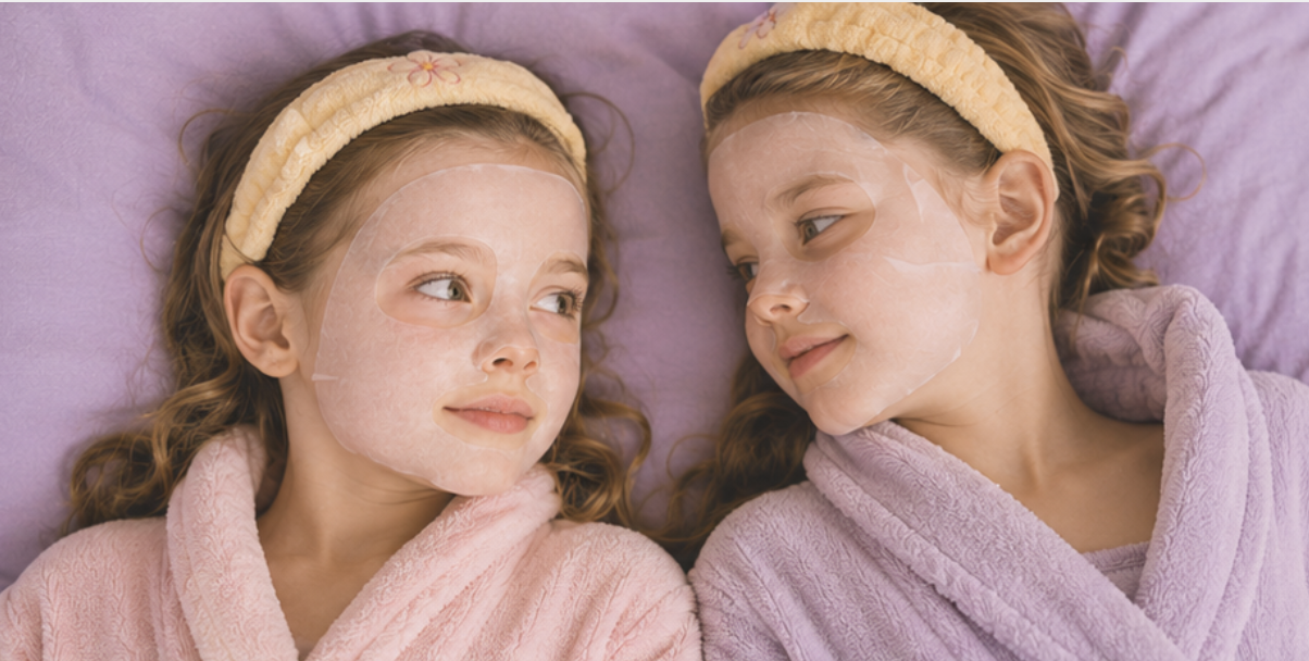 Two young girls lying side by side on a bed, wearing face masks and pink bathrobes, looking at each other.