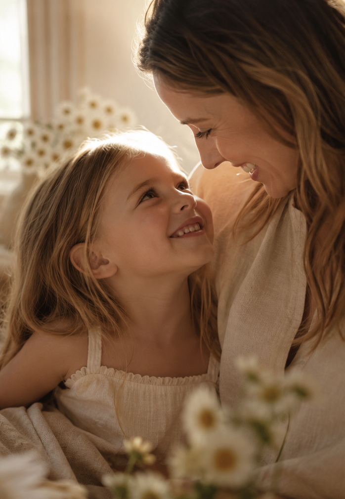 A woman and a young girl smiling at each other indoors with a bouquet of daisies in the foreground.