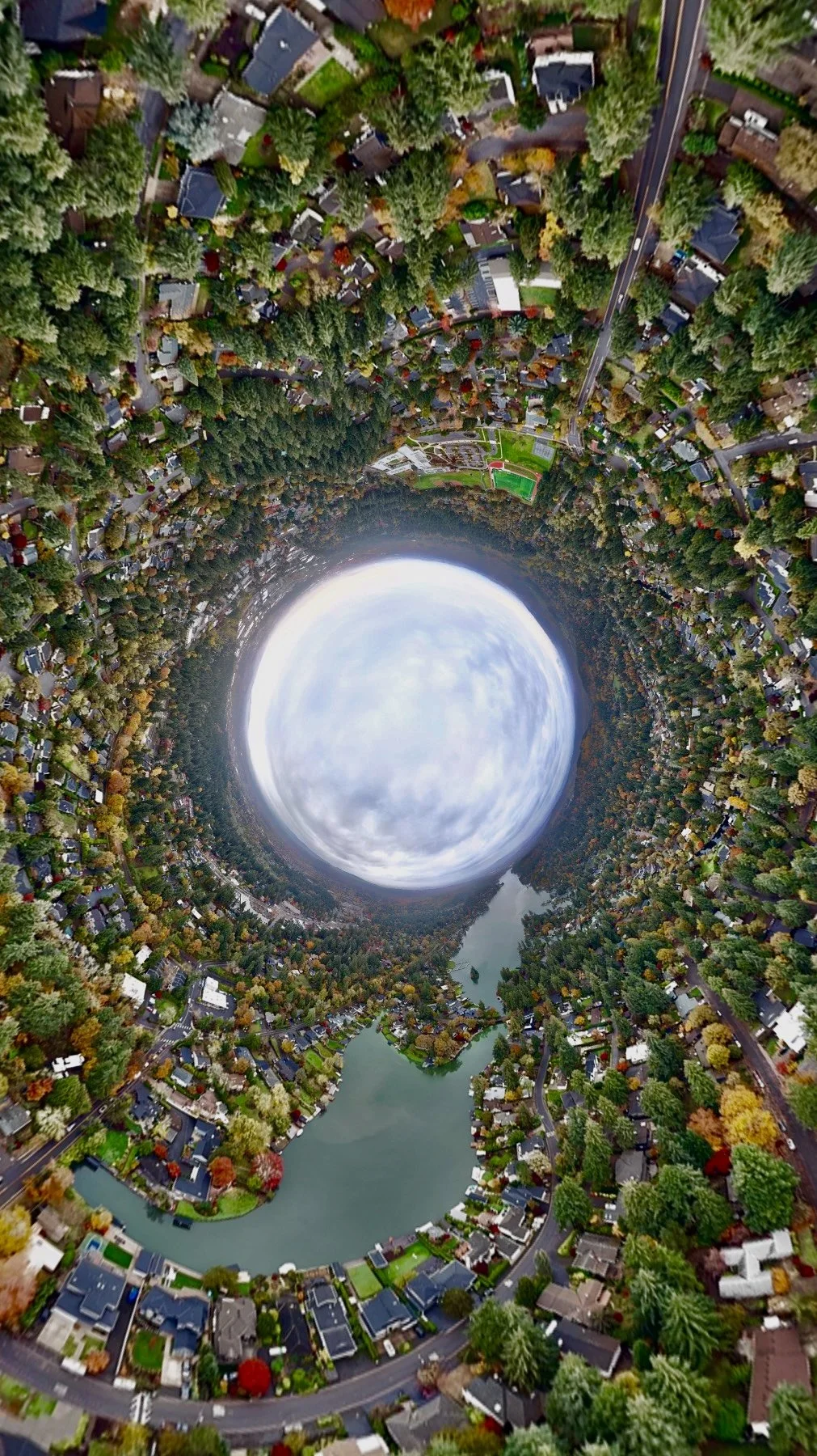 A distorted, circular aerial view of a residential neighborhood in Lake Oswego with houses, trees, a river, and a cloudy sky.