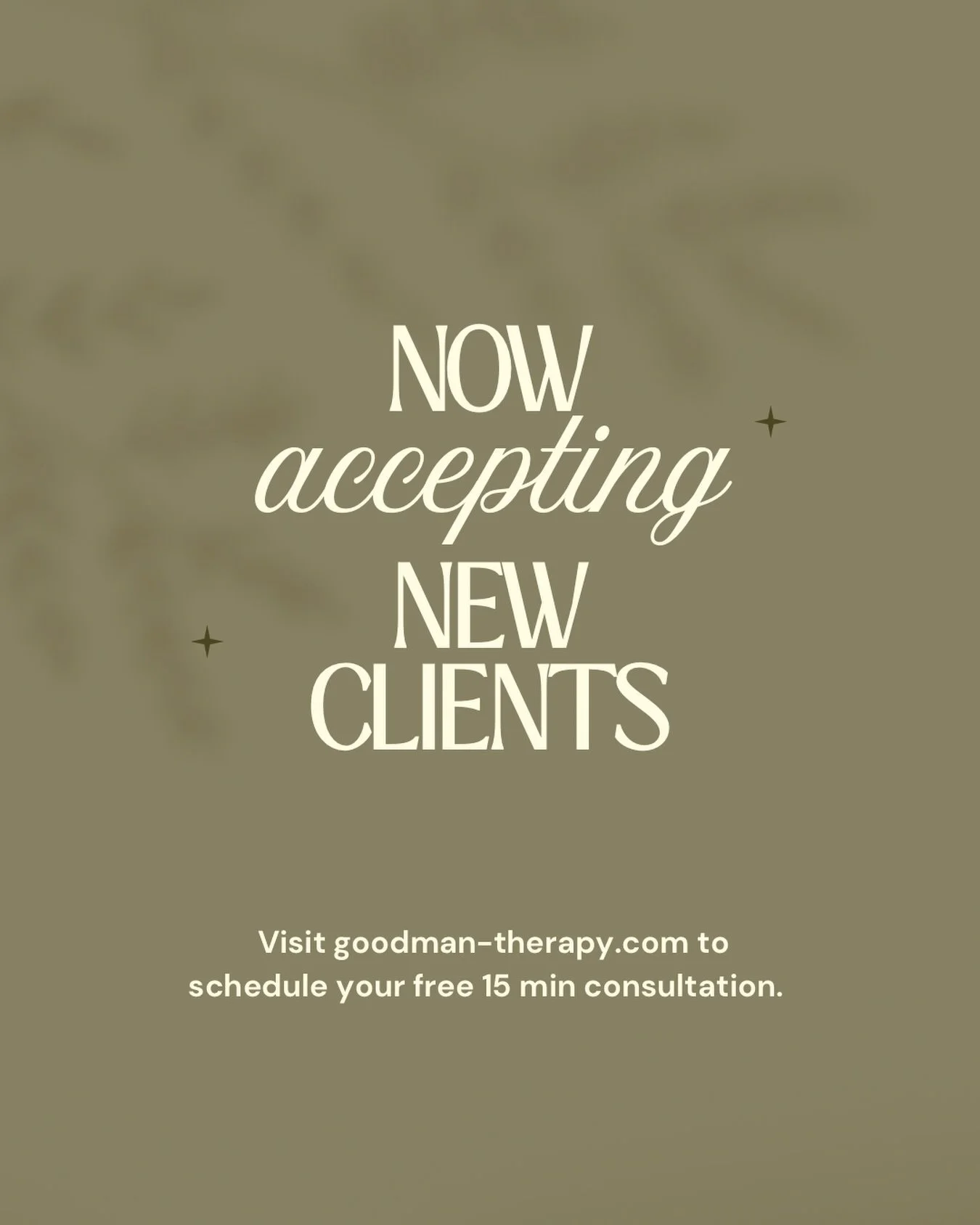 NOW ACCEPTING NEW CLIENTS ✨

Goodman Therapy is currently welcoming new clients for virtual therapy across Texas.

If you&rsquo;re ready to begin your therapy journey, I&rsquo;d love to connect.

🤍 Link in bio to learn more or schedule a consultatio