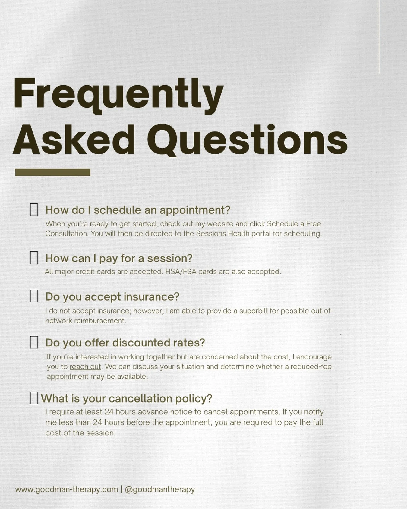 Questions before starting therapy? You&rsquo;re not alone.

Here are answers to some of the most common questions I receive. If you&rsquo;re still wondering about something, send me a message or schedule a free consultation&mdash;I&rsquo;m happy to h