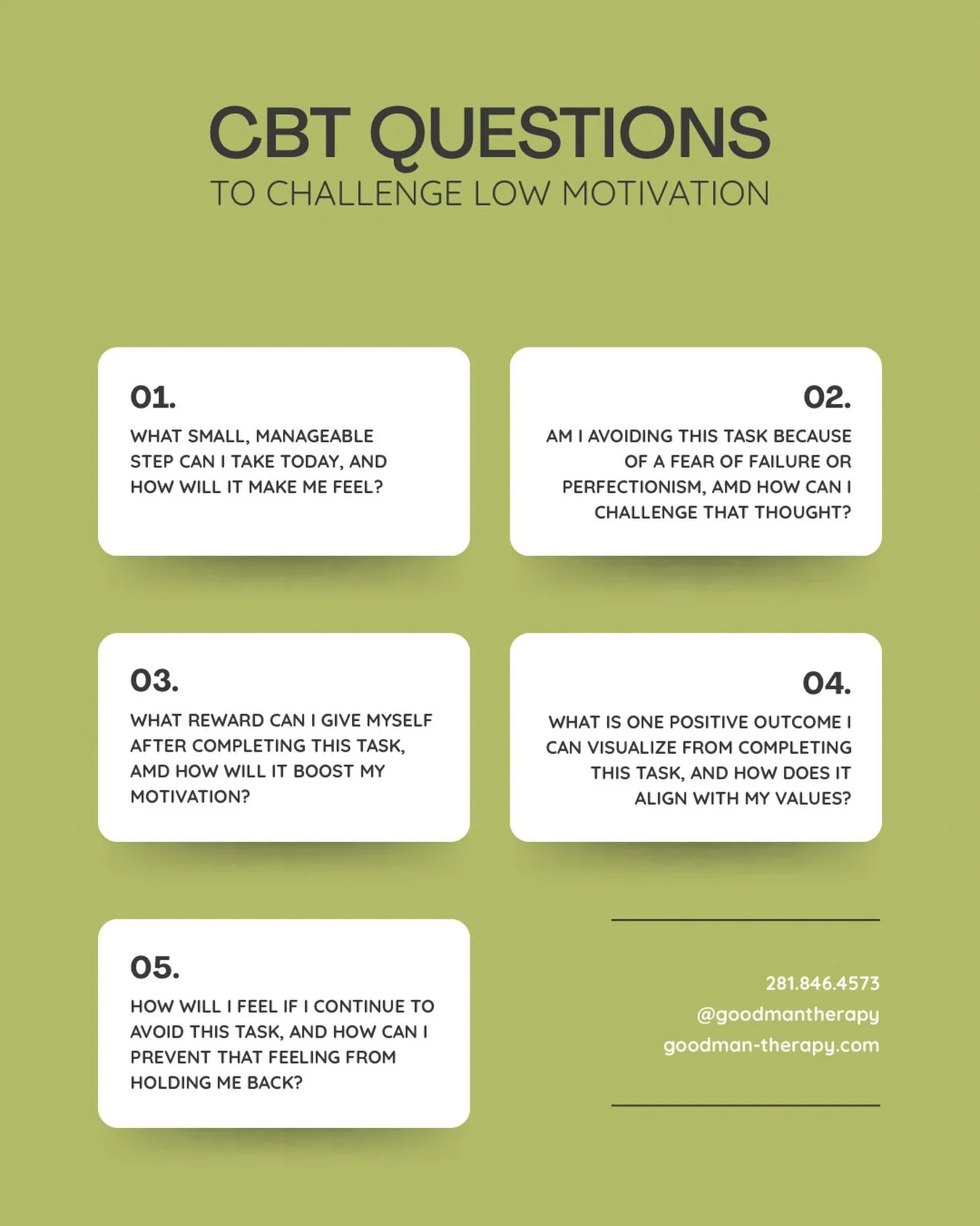 When you&rsquo;re feeling stuck, try asking yourself these five CBT questions. They can help you identify what&rsquo;s keeping you from taking action and shift your thinking toward small, manageable steps.

Progress doesn&rsquo;t require perfect moti