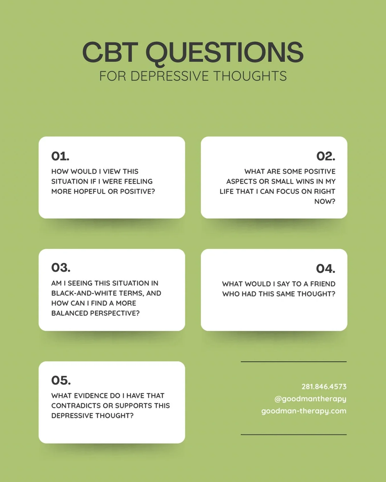 When depressive thoughts feel like facts, try getting curious about them instead. 💭

These CBT questions can help you pause, challenge the thought, and find a more balanced perspective.

Save for when you need it. 🌿