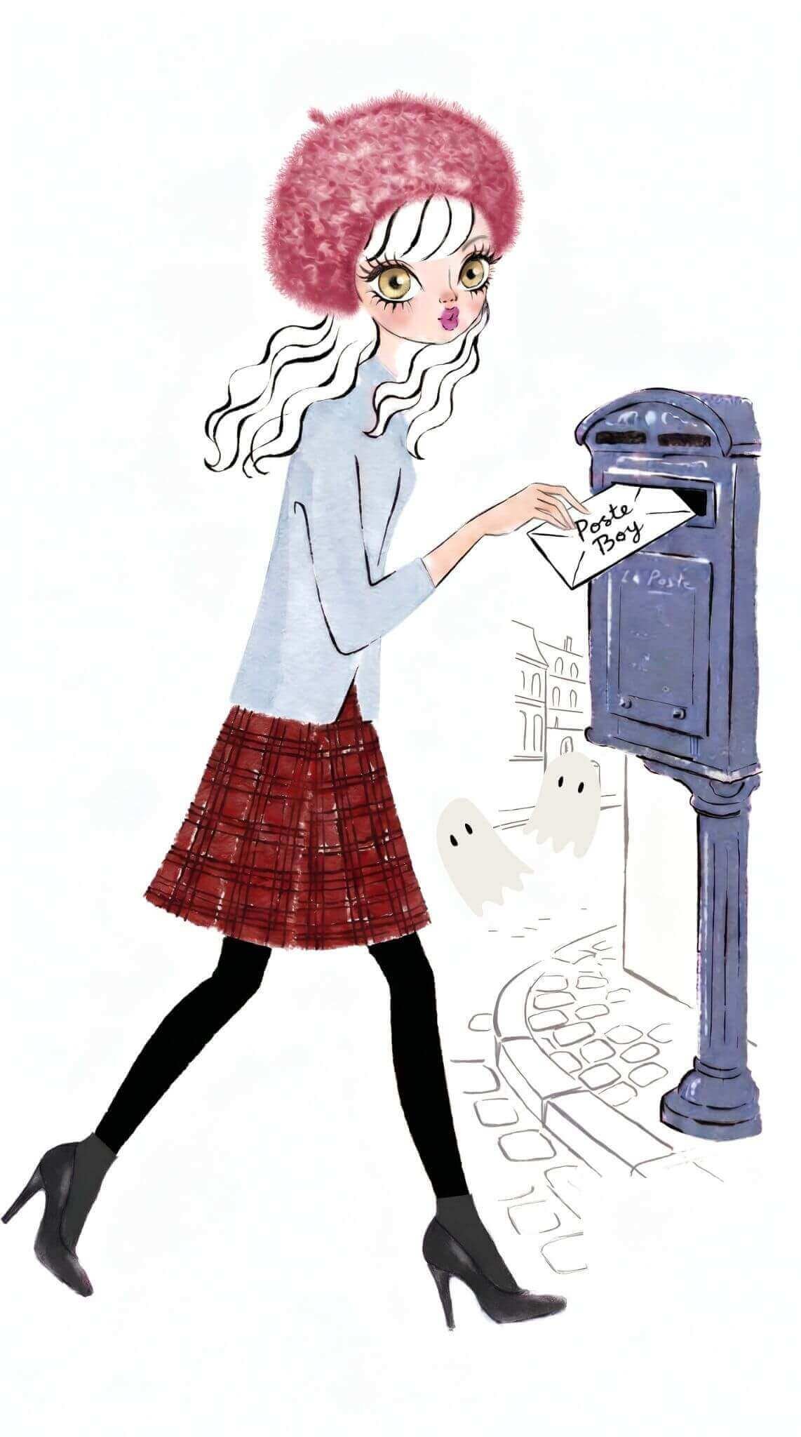 A girl with long wavy white hair wearing a red fuzzy hat, pale blue sweater, red plaid skirt, black tights, and black high heels is posting a letter into a blue mailbox on a cobblestone sidewalk.