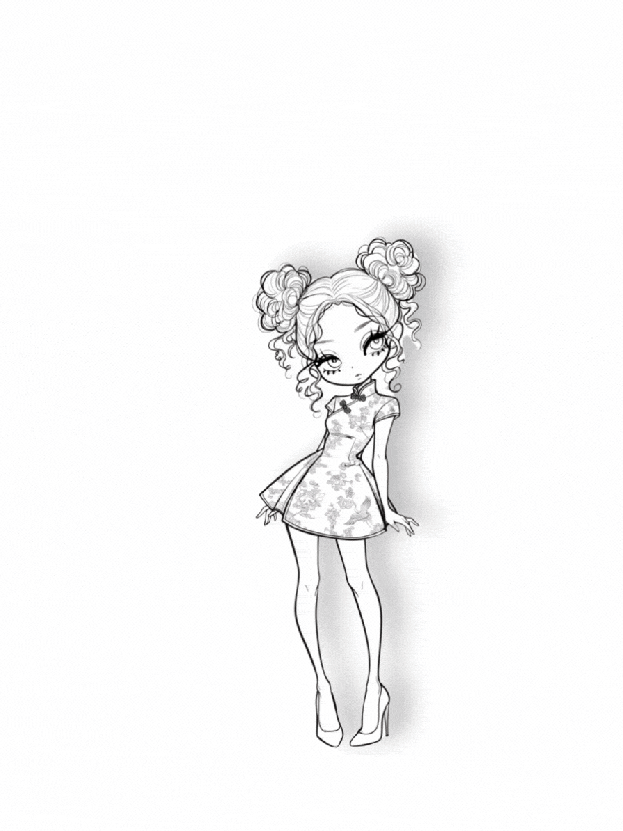 Black and white digital drawing of a young woman with curly hair styled in two buns, wearing a traditional Chinese qipao dress with floral patterns and high heels, a life size coffee cup appears and disappears with "The Poste Boy" written on it.
