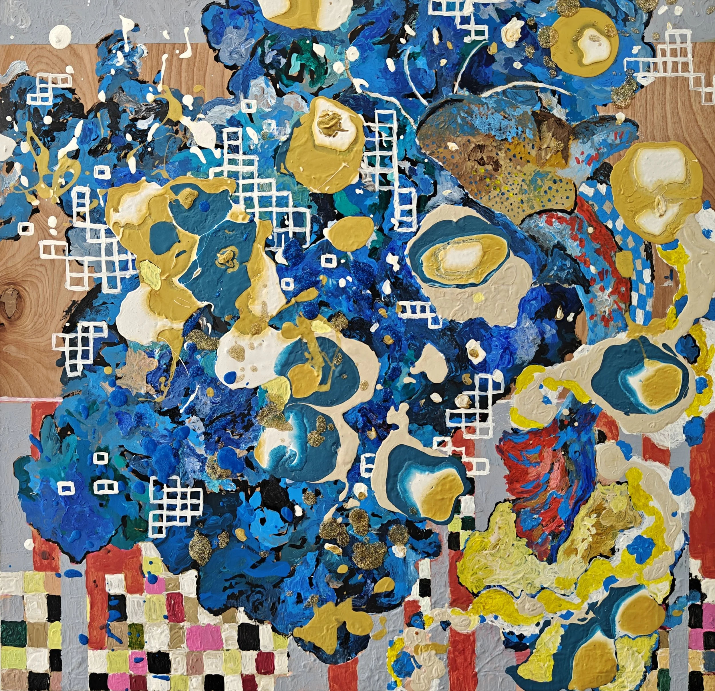 Number-25ccfavp. 2x2'. Acrylic, sand, glitter, shellac, pastel, and Mod Podge on Panel. 2026.