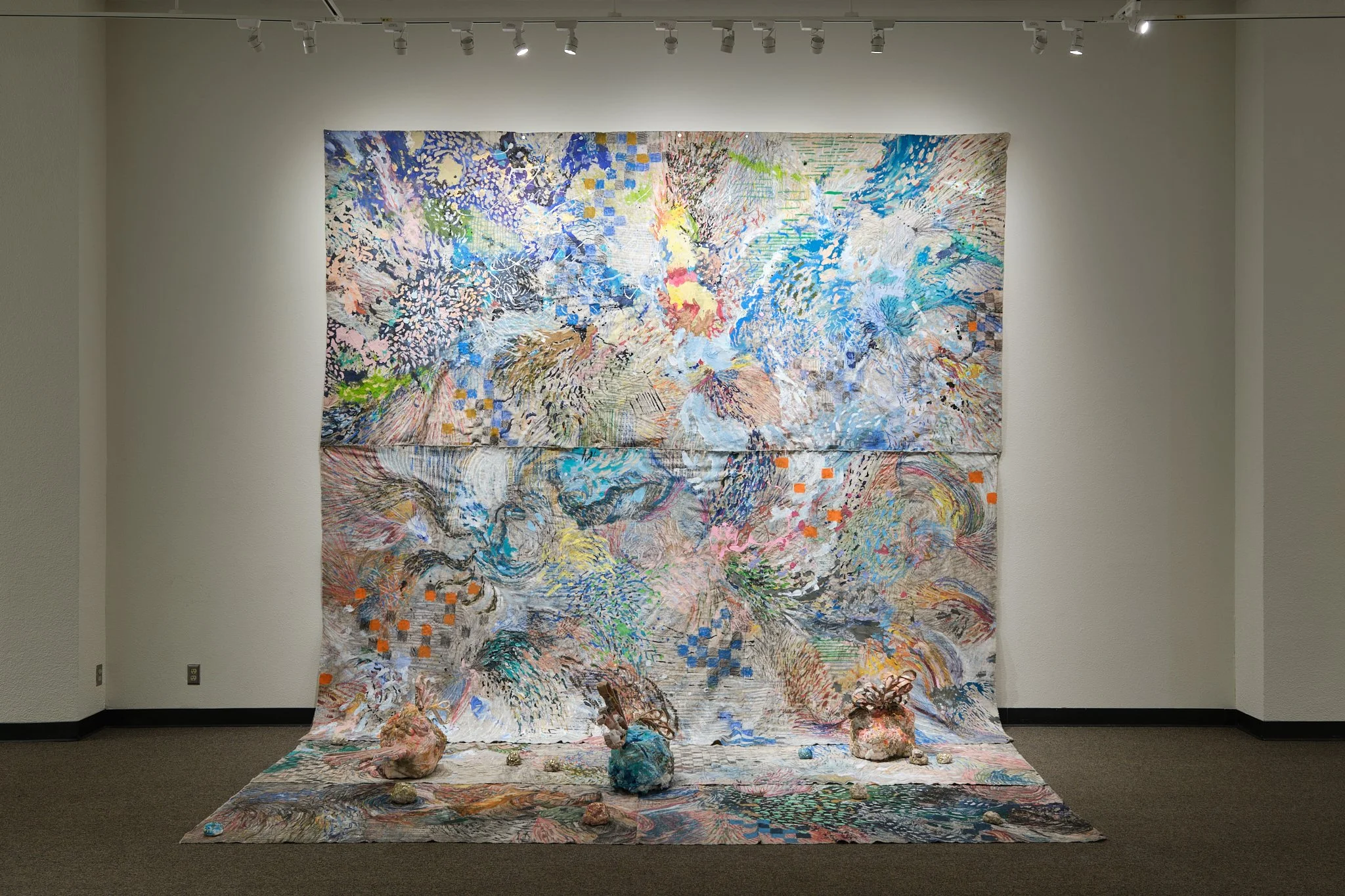  Number-35ysptac. (A collaborative piece by Sokthea Chan & Elise Mahan.) 18x12 feet. Acrylic, oil pastel, home-made ink, sand, plaster, paper pulp, cotton, wire, crayon, graphite, monotype, Elmer's glue, thread, oil sticks and Mod Podge on raw canvas