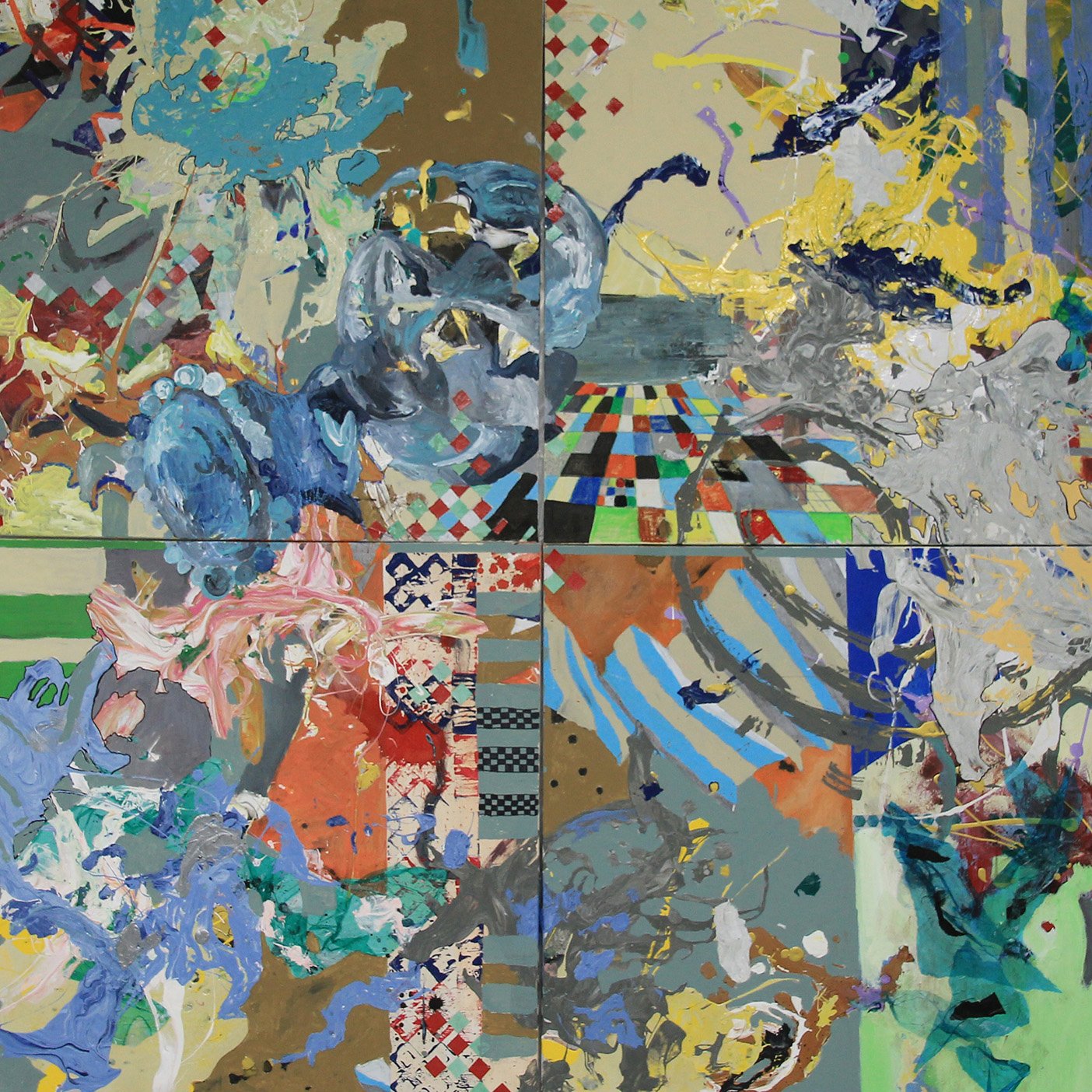 Number-54LPPSUJS. 72x72” (made from four 36x36”  canvases). Ink, acrylic, oil pastel, enamel, graphite, collage,linocut, sharpie, and glue on canvas. 2024.