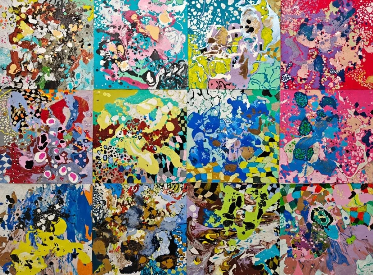 Number- 73mbrwf. 5.5x7’. Acrylic, enamel, glitter, and sand on Arches. 2026.
