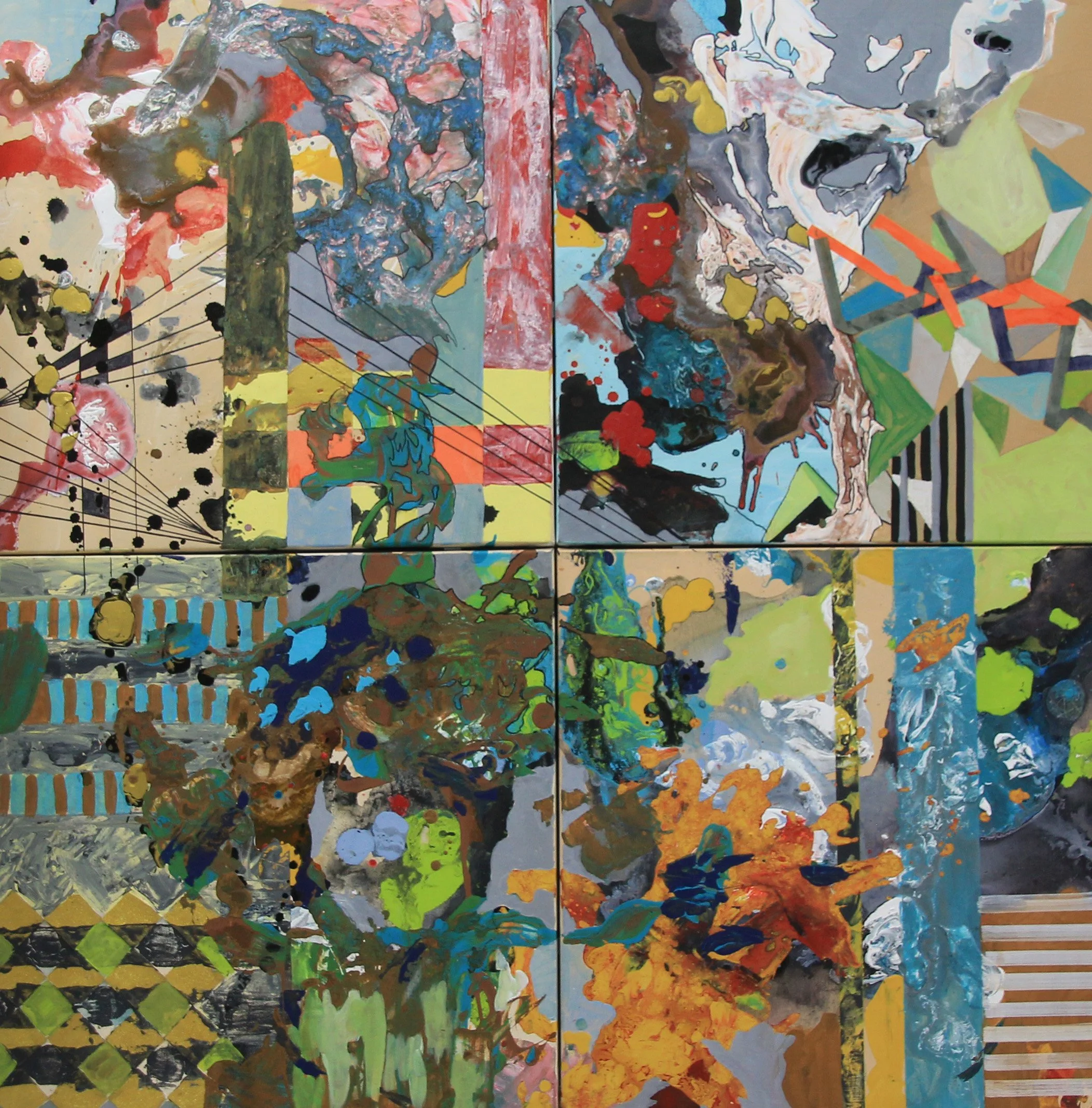 Number-26OWPP. 40x40” (made from four 20x20” canvases). Ink, acrylic, oil pastel, graphite, collage, sharpie, and glue on canvas. 2024.