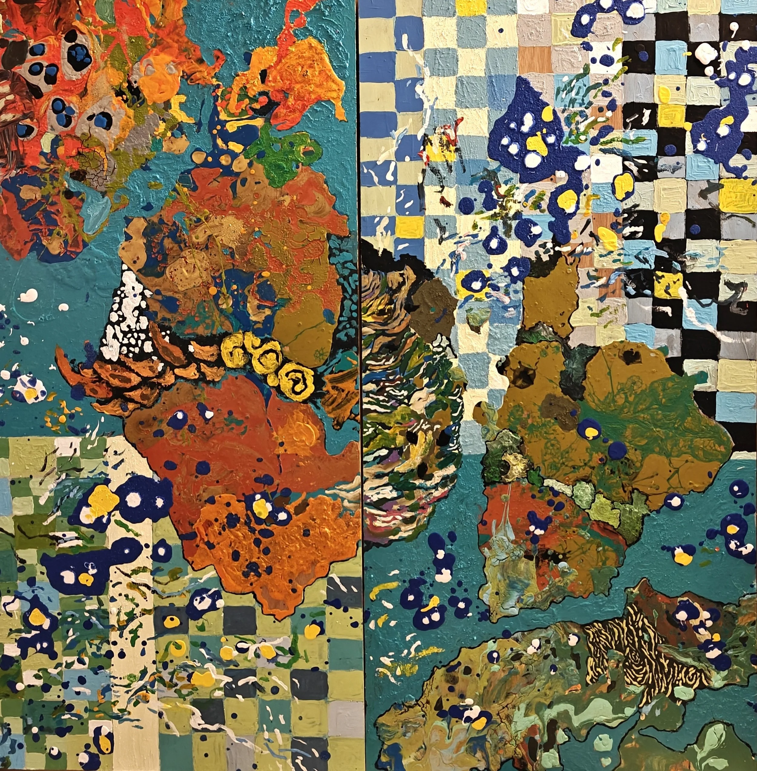 Number- 48apspgf. 4x4'. Acrylic, sand, glitter, enamel, shellac, pastel, and Mod Podge on Panel. 2026.
