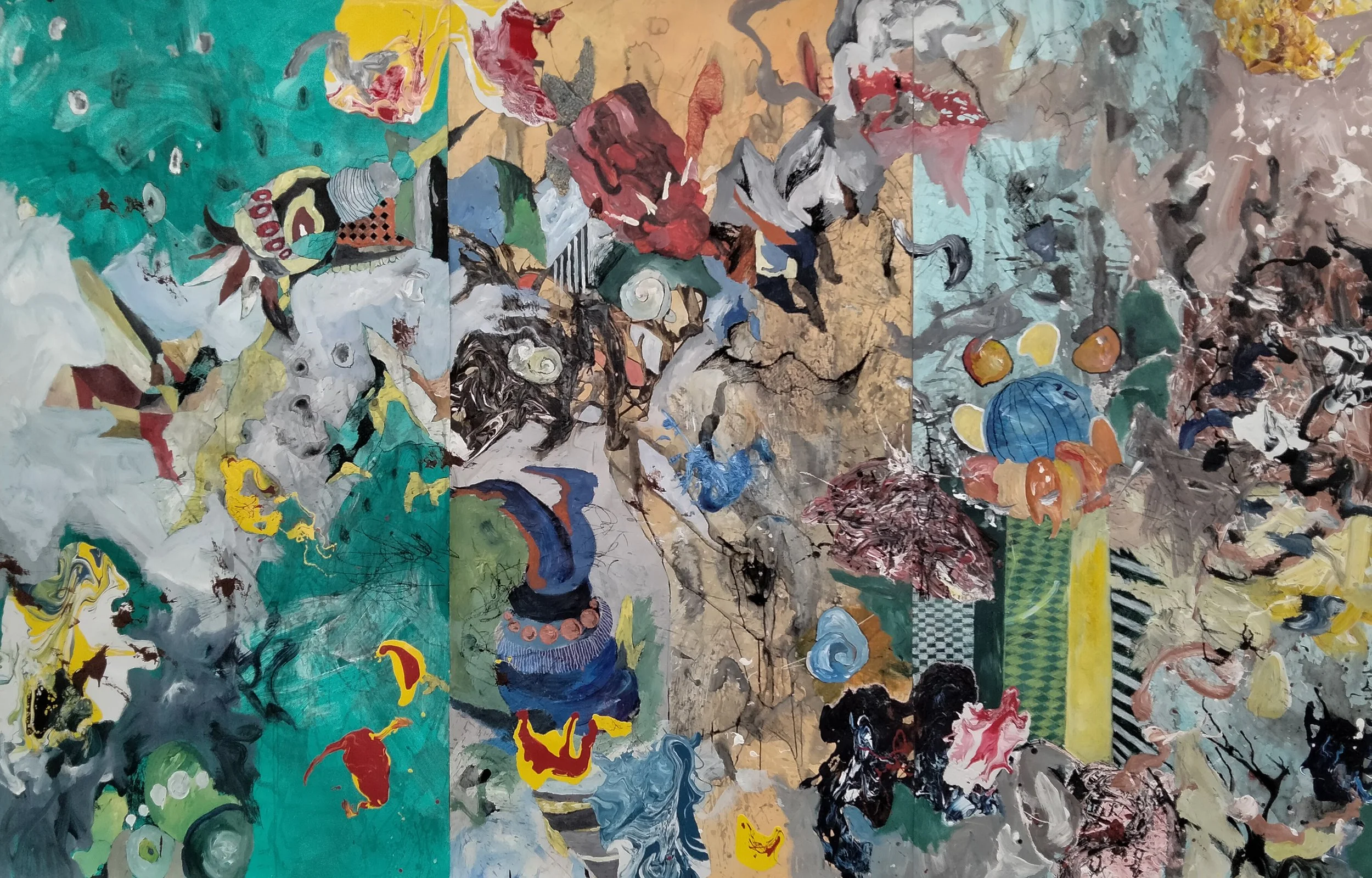Number-17CGK. 84.5x96”. Ink, acrylic, oil pastel,enamel, and glue on paper. 2023.