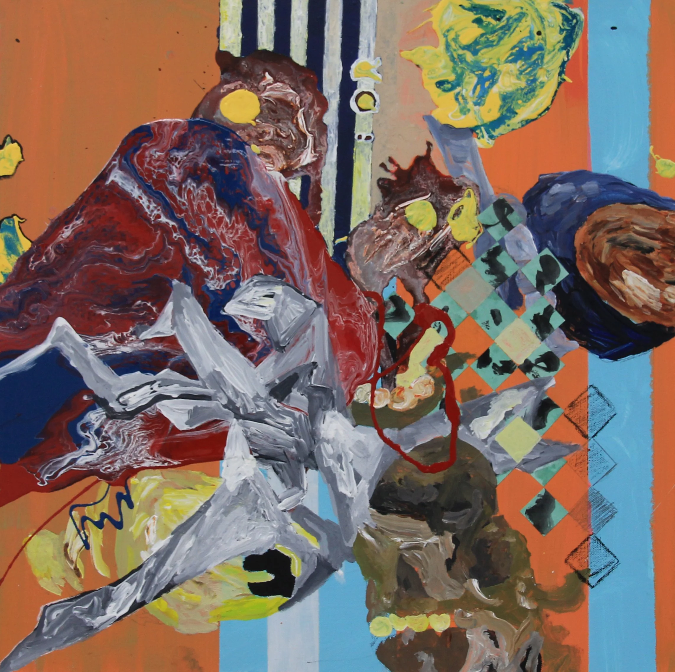 Number-14CG. 20x20”. Ink, acrylic, oil pastel, enamel, graphite, collage, and glue on canvas. 2023.