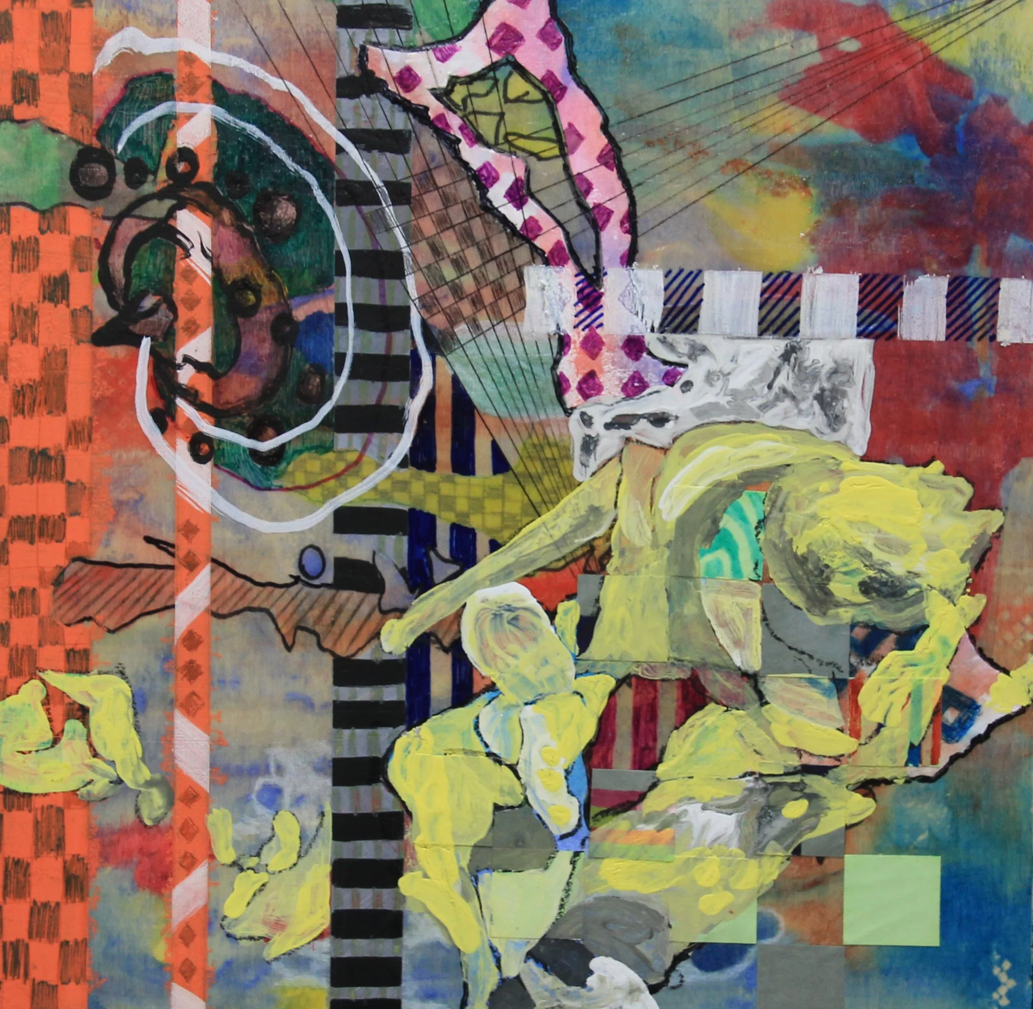 Number-59PFPP. 12x12". Acrylic, screenprint, oil pastel, graphite, sharpie, craft paper, watercolor, and glue on panel. 2024.