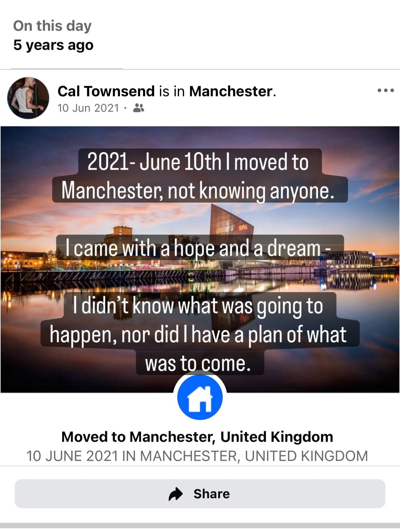 Happy 5 years in Manchester Cal

You deserve the word and if I could tell one thing, it would be. 

That light that shines inside of you. Never let anyone dim that. It&rsquo;s real special and you deserve happiness, love and success in all avenues of