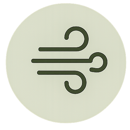 Symbol representing airflow or ventilation with three horizontal lines and curved hooks on a light background.