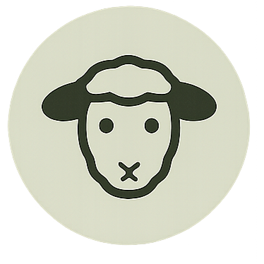 Simple black line drawing of a sheep's face with a rounded head and small ears, on a light background.