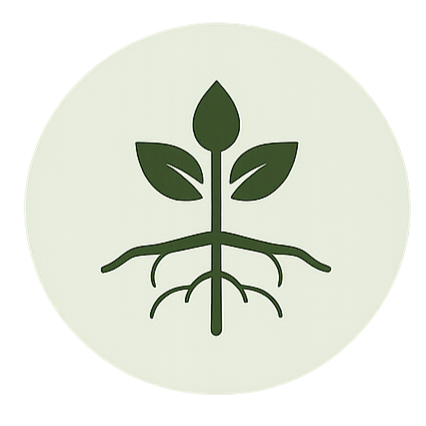 Stylized logo of a plant with a central stem, two leaves on each side, and roots at the bottom.