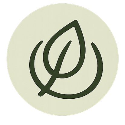 Minimalist green leaf symbol on a light circular background.