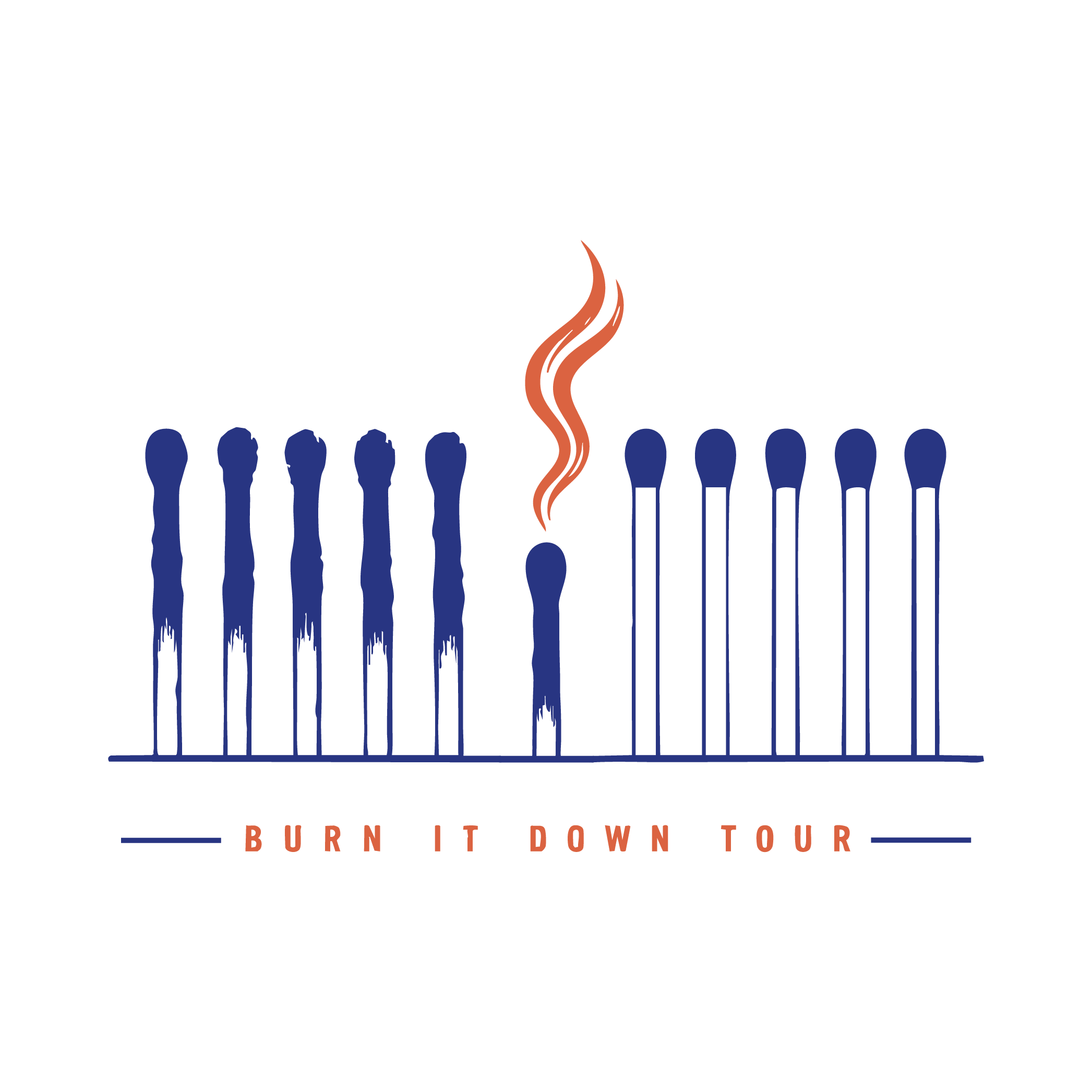 Black poster with a graphic of a guitar, orange flames beneath the neck, and the text 'Burn It Down Tour' in burnt orange at the bottom.