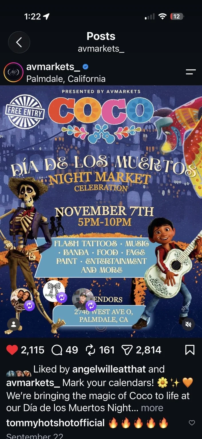 AV Markets Día de los Muertos Night Market, November 7, 5–10 p.m., Palmdale. Free entry.