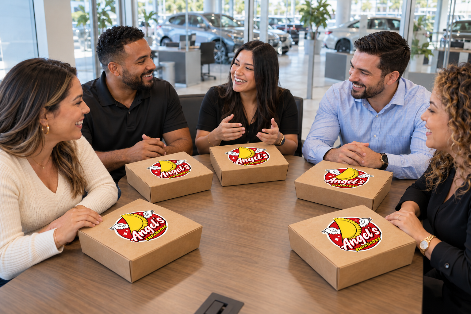 Five coworkers at a car dealership with closed Angel’s Empanadas branded corporate lunchboxes