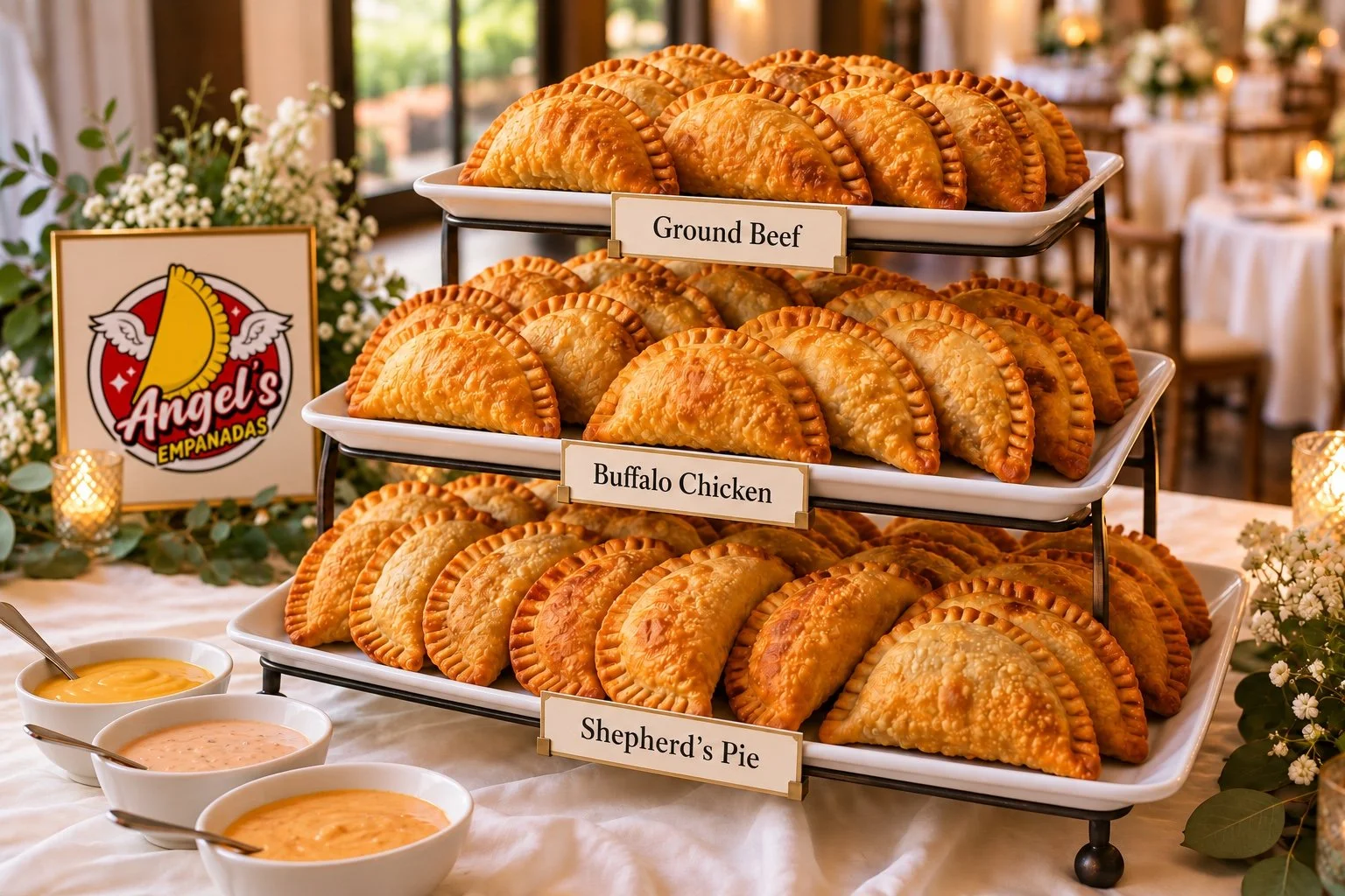 Tiered Fiesta Empanada Bar display with Ground Beef, Buffalo Chicken, and Shepherd’s Pie empanadas and dipping sauces