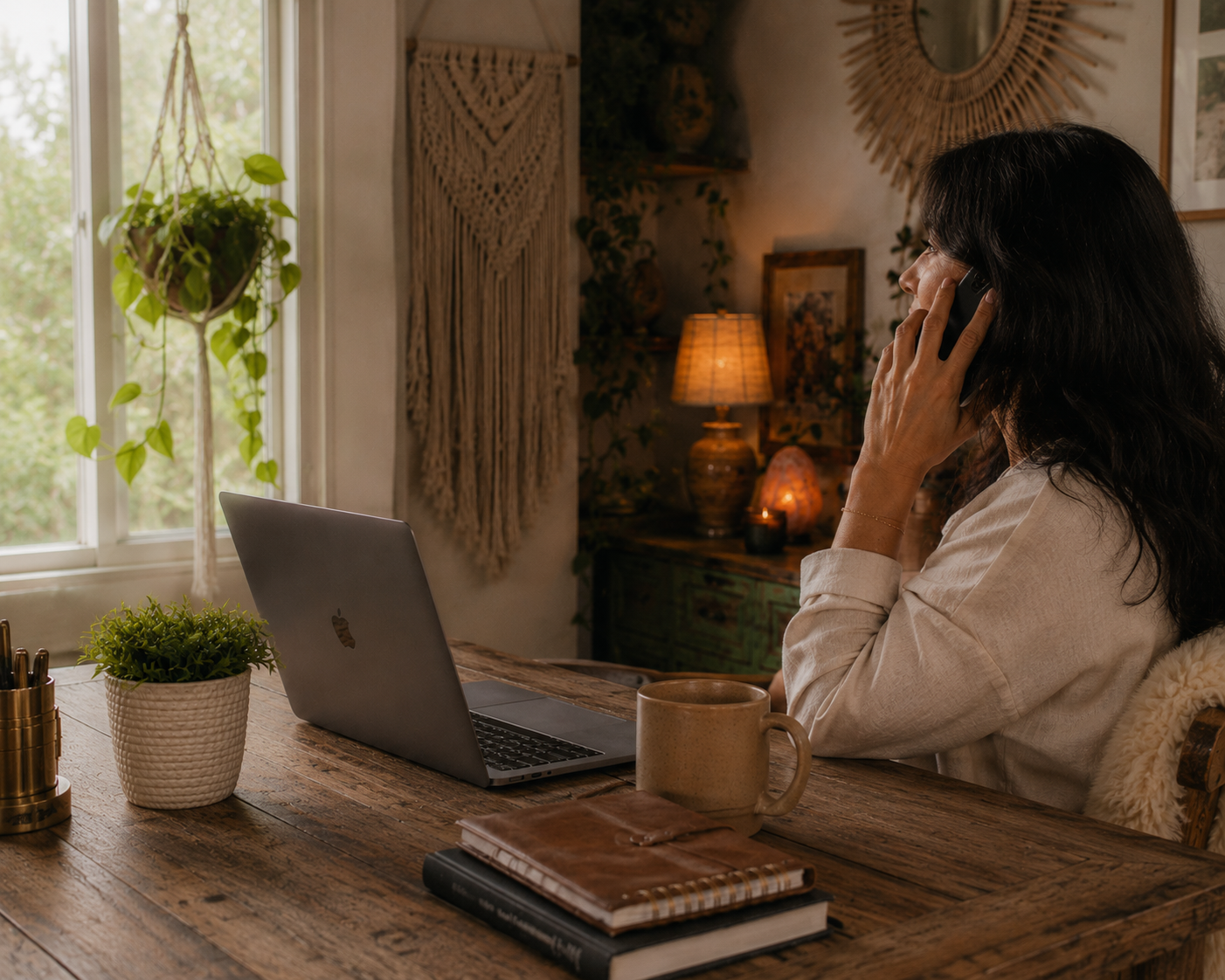 Woman sitting at a wooden desk talking on the phone with a laptop, plant, mug, and notebooks in a cozy room with warm lighting and decor.