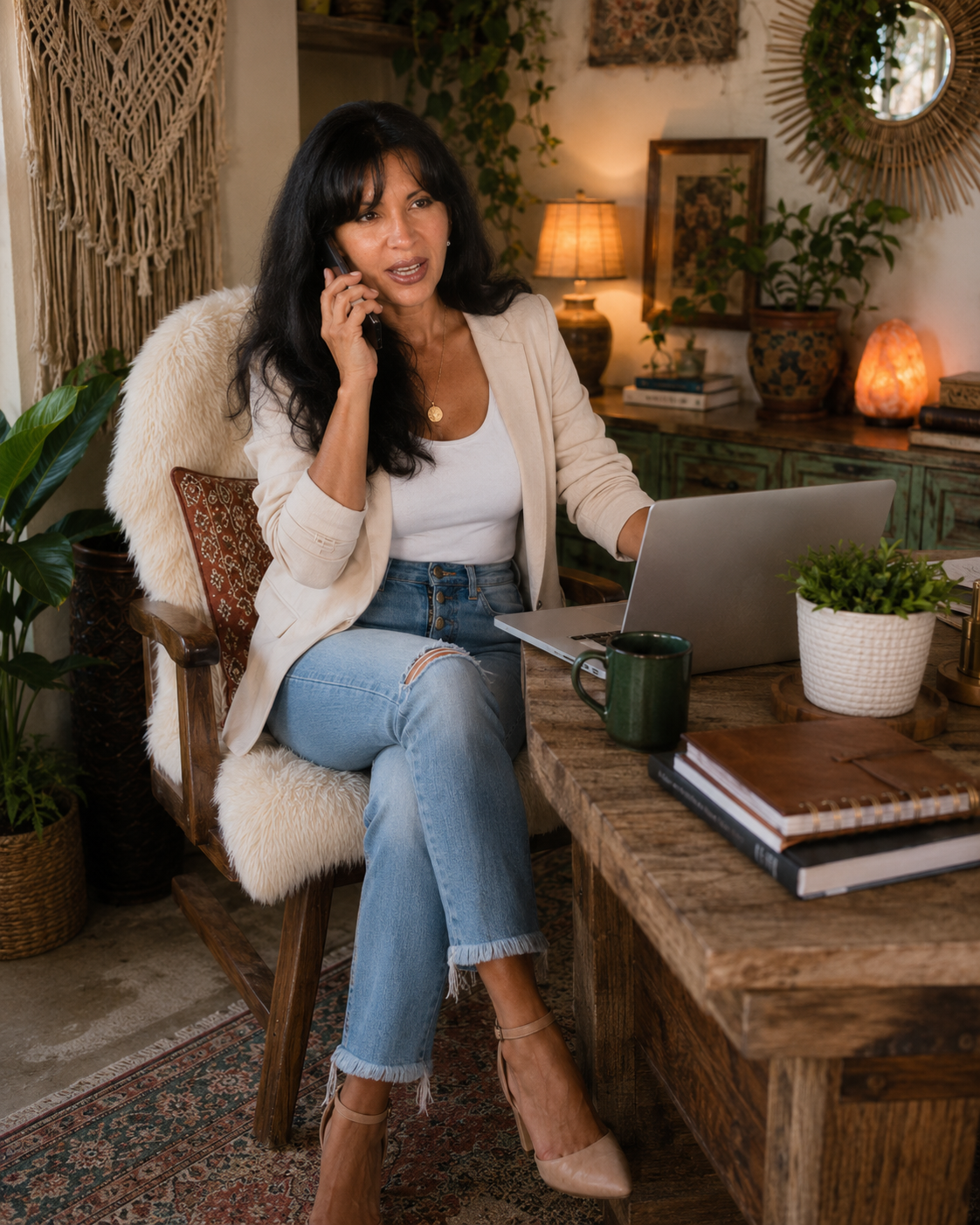 A woman with long dark hair, wearing a cream blazer, white top, and ripped jeans, is sitting at a wooden table in a cozy, decorated room. She is talking on her cell phone while working on a silver laptop, with a green mug, a potted plant, and a closed journal in front of her. The background includes framed pictures, a mirror, plants, warm lighting, and textured decor.