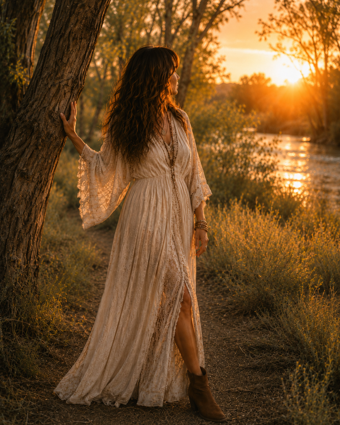 Woman standing peacefully by a tree at sunset, representing a return to self and inner stillness of the life aligned with mind, body and soul.