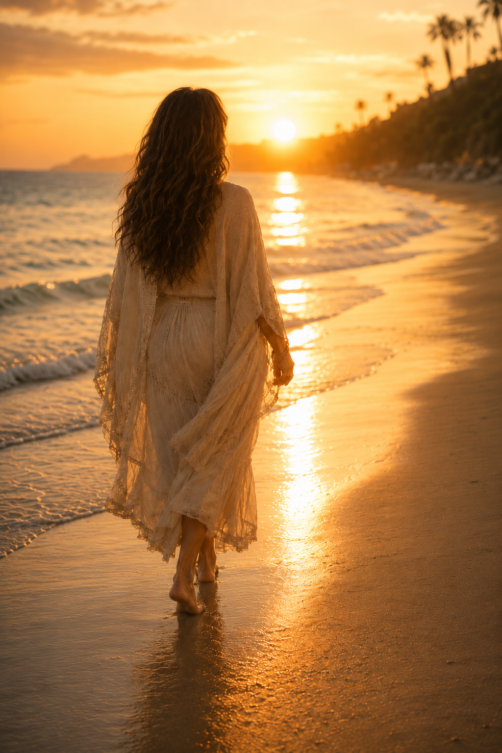 A woman with long curly hair walking along the beach at sunset, wearing a light, flowing dress, with the ocean and a sunset in the background.