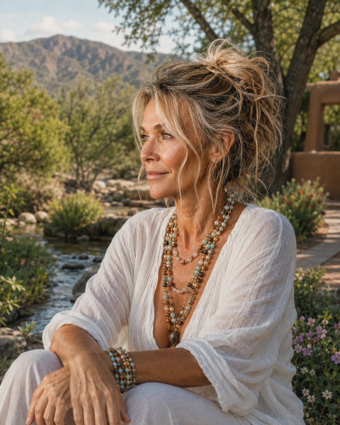 A woman with blonde, messy updo hair and layered necklaces sitting outdoors by a stream, with mountains and trees in the background.