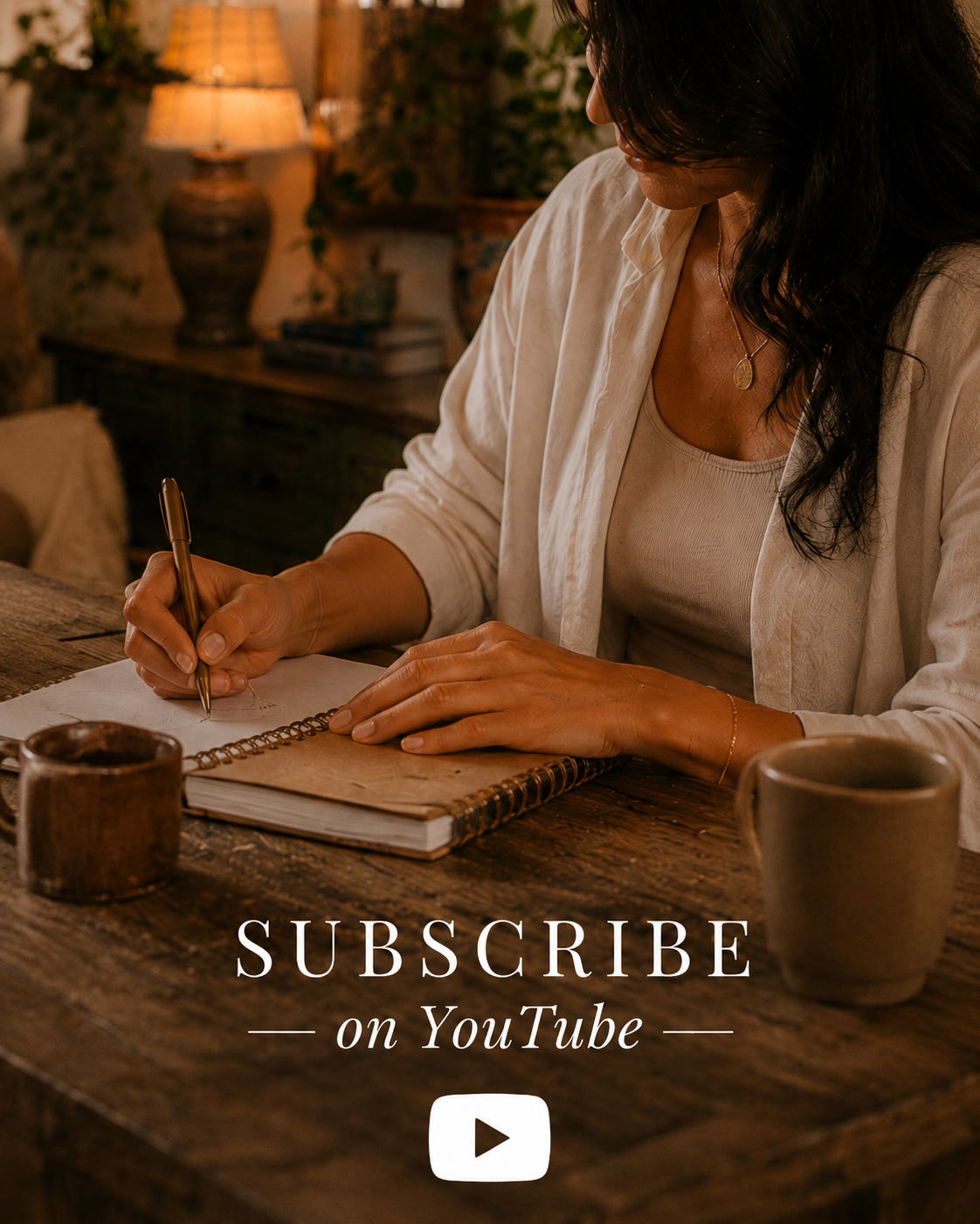 A woman with dark hair writing in a notebook at a wooden table, with a cup in the foreground, warm lighting, and a cozy interior background.