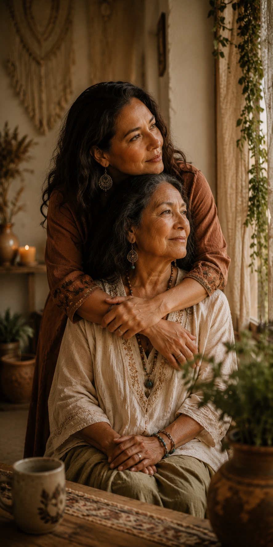 Grandmother and adult daughter embracing in a warm, cozy space, representing intergenerational connection and healing, wearing a rust-colored top, embrace in a cozy, bohemian-style room with natural light, plants, candles, and warm earthy decor.