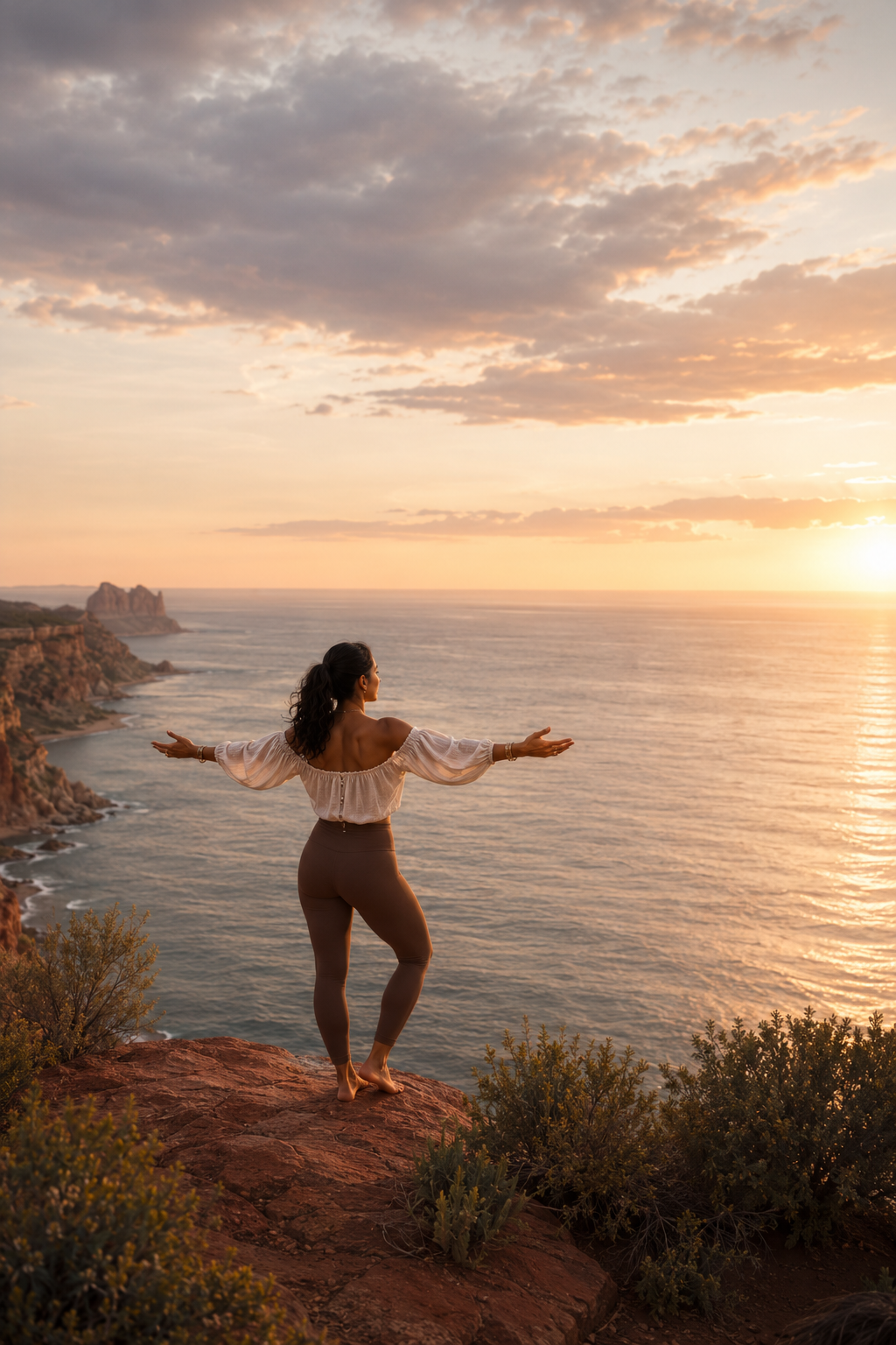 A woman standing on a rocky cliff overlooking the ocean at sunset, arms outstretched, enjoying the view and the peaceful moment.