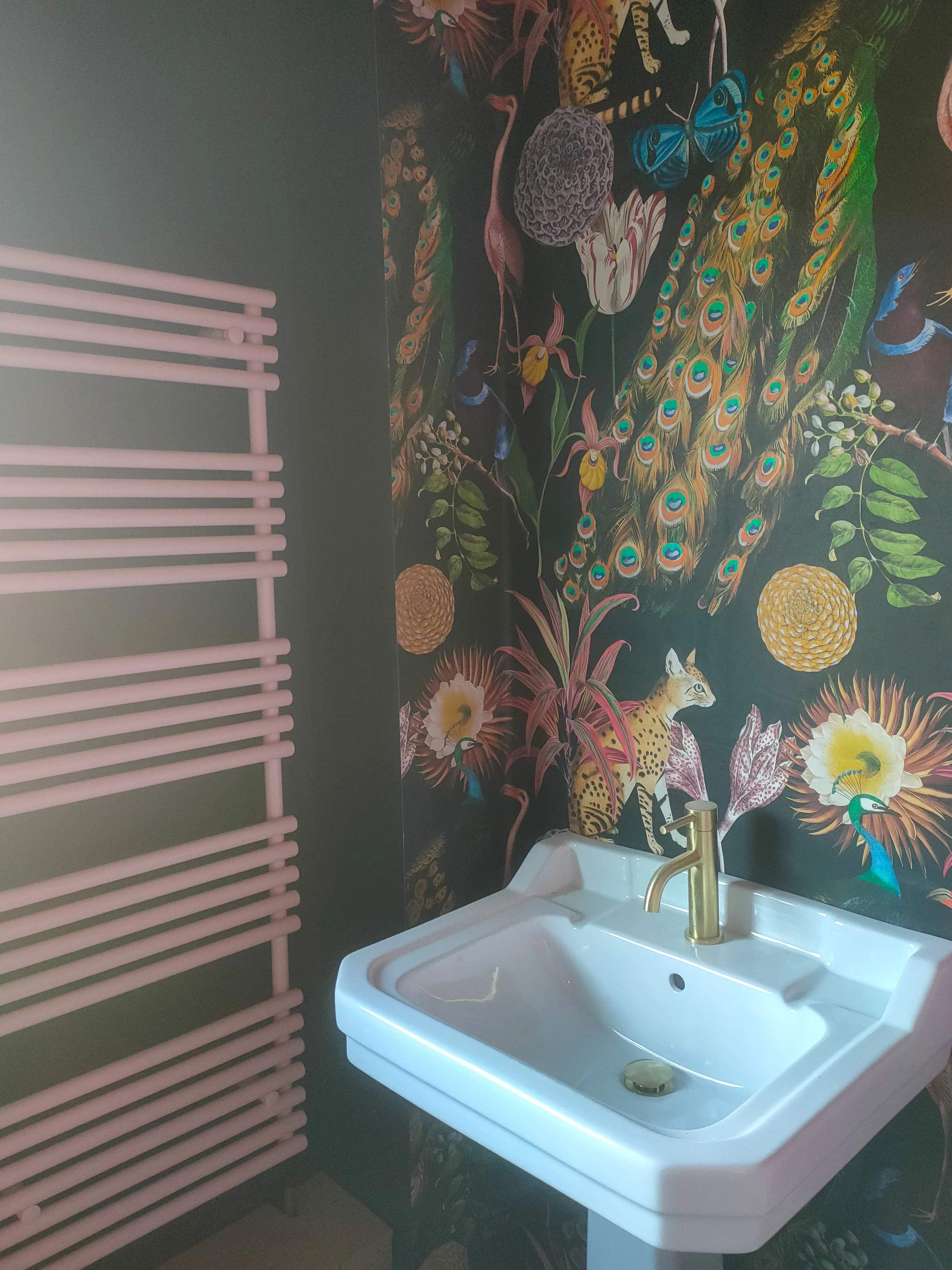 A bathroom with a pink towel rack on the left, a colorful nature-themed mural on the right featuring peacocks, flowers, and animals, with a white sink and gold faucet below the mural.