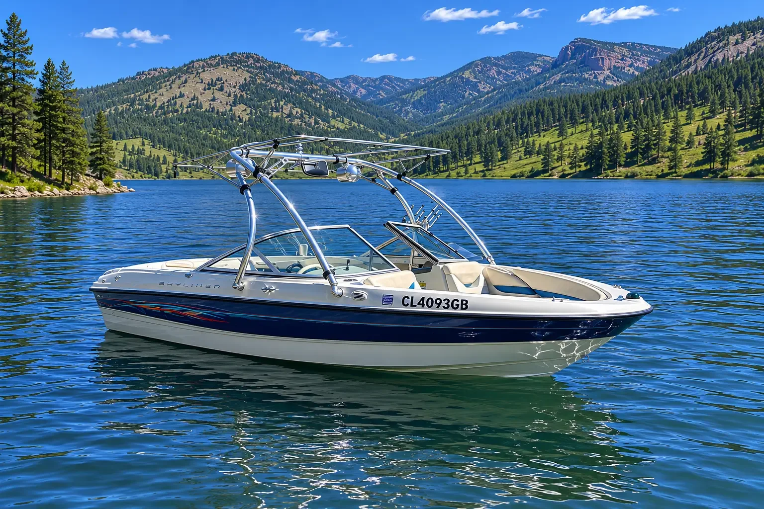 A speedboat on a lake surrounded by forested mountains under a blue sky.