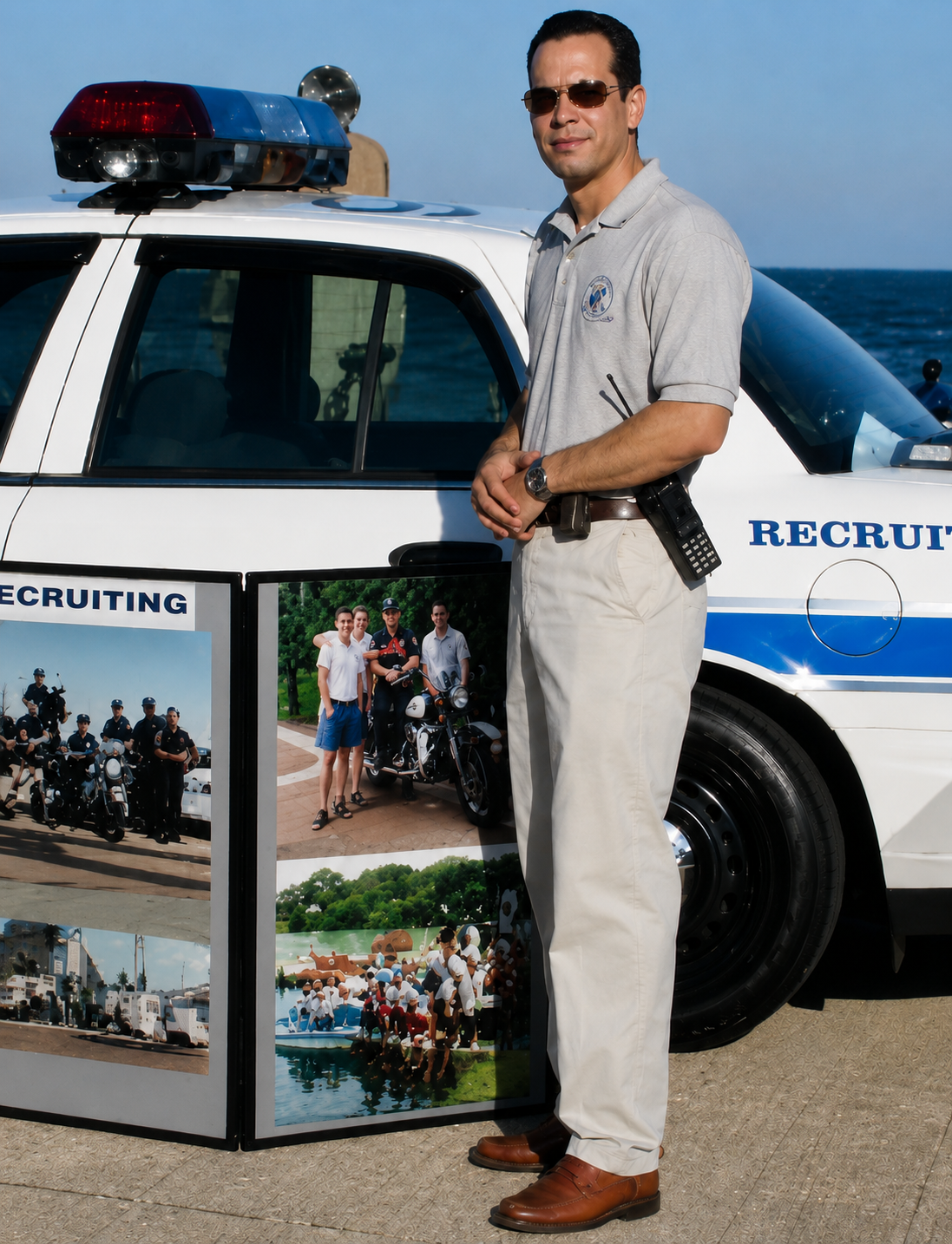 Rich Rodriguez, Polished Badge founder, in uniform beside a patrol car