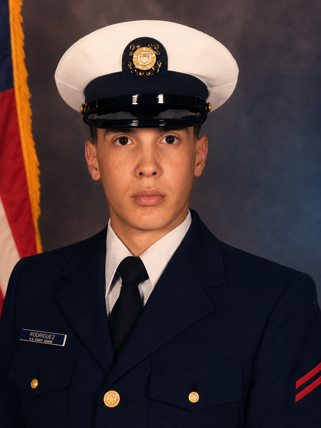Portrait of a young man in a U.S. Coast Guard uniform, including a white hat with an emblem, a dark navy jacket with a name tag, and a black tie, standing in front of an American flag.