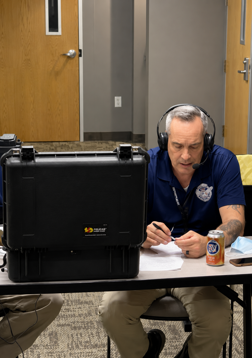Rich Rodriguez in uniform working a case with headset and notes