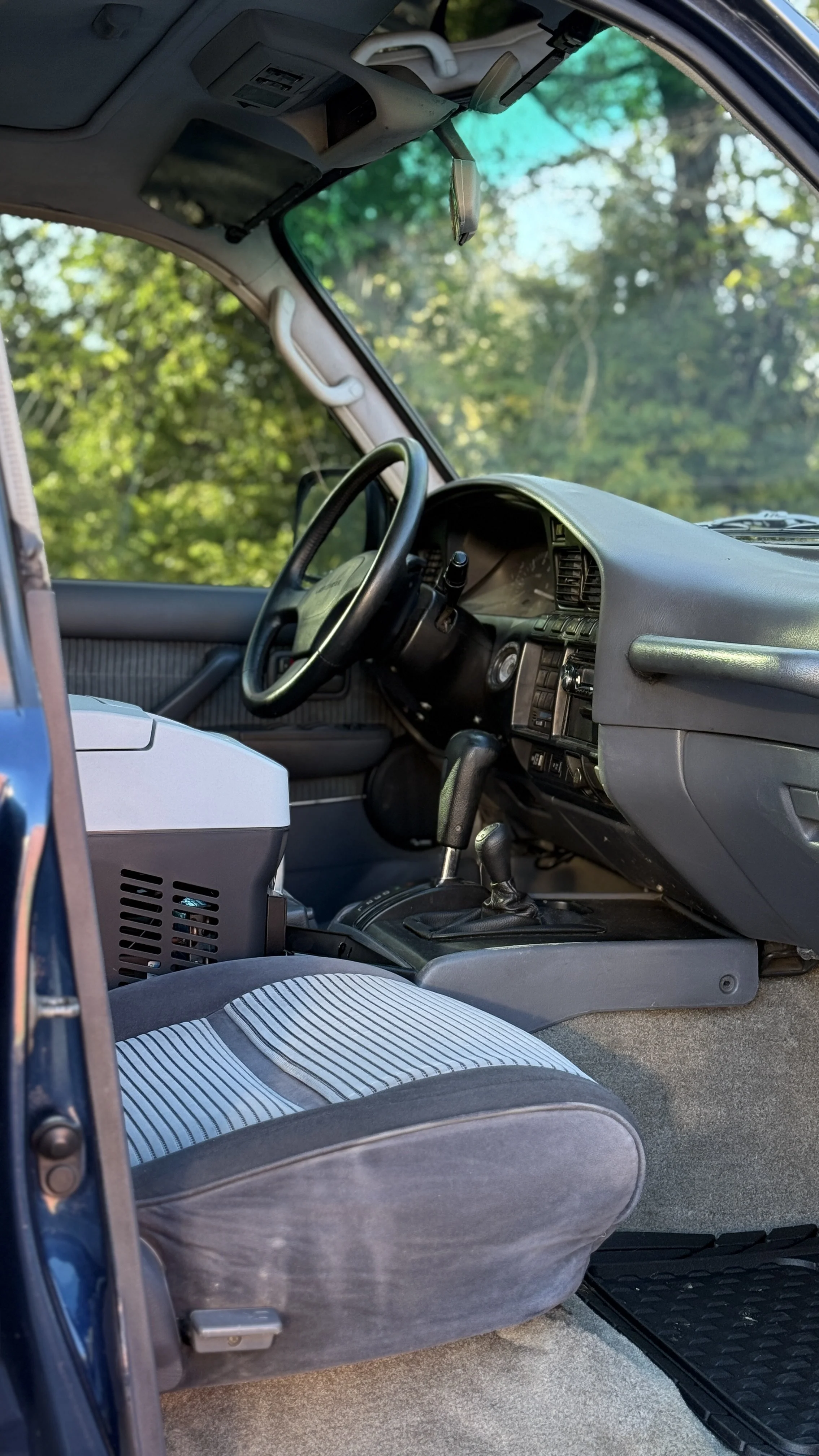 The interior of a car showing the dashboard, steering wheel, gear shift, driver’s seat with striped fabric, and green trees visible through the windshield.