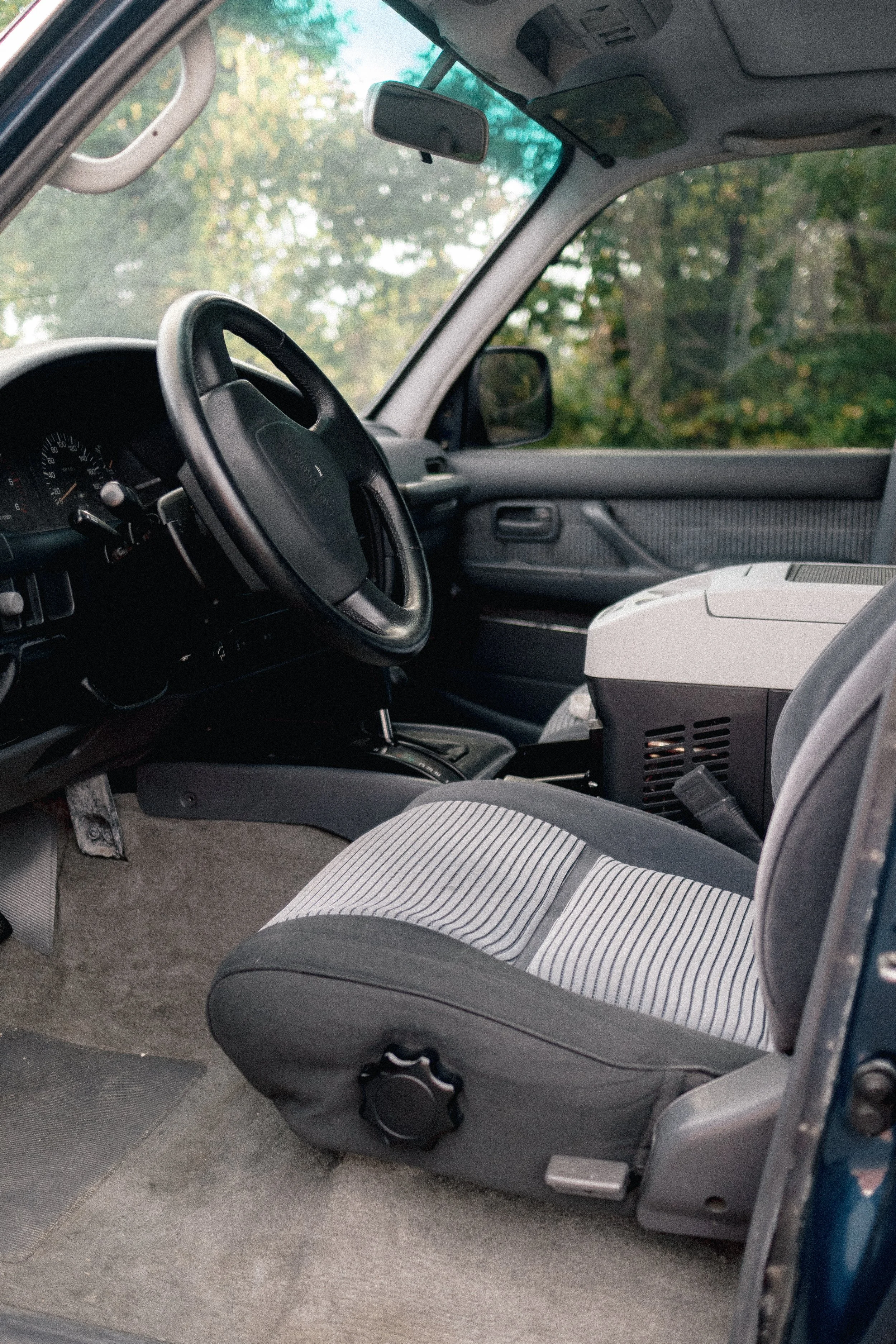 Interior view of a car showing the driver's side, dashboard, steering wheel, front passenger seat, and passenger-side door with a window showing trees outside.