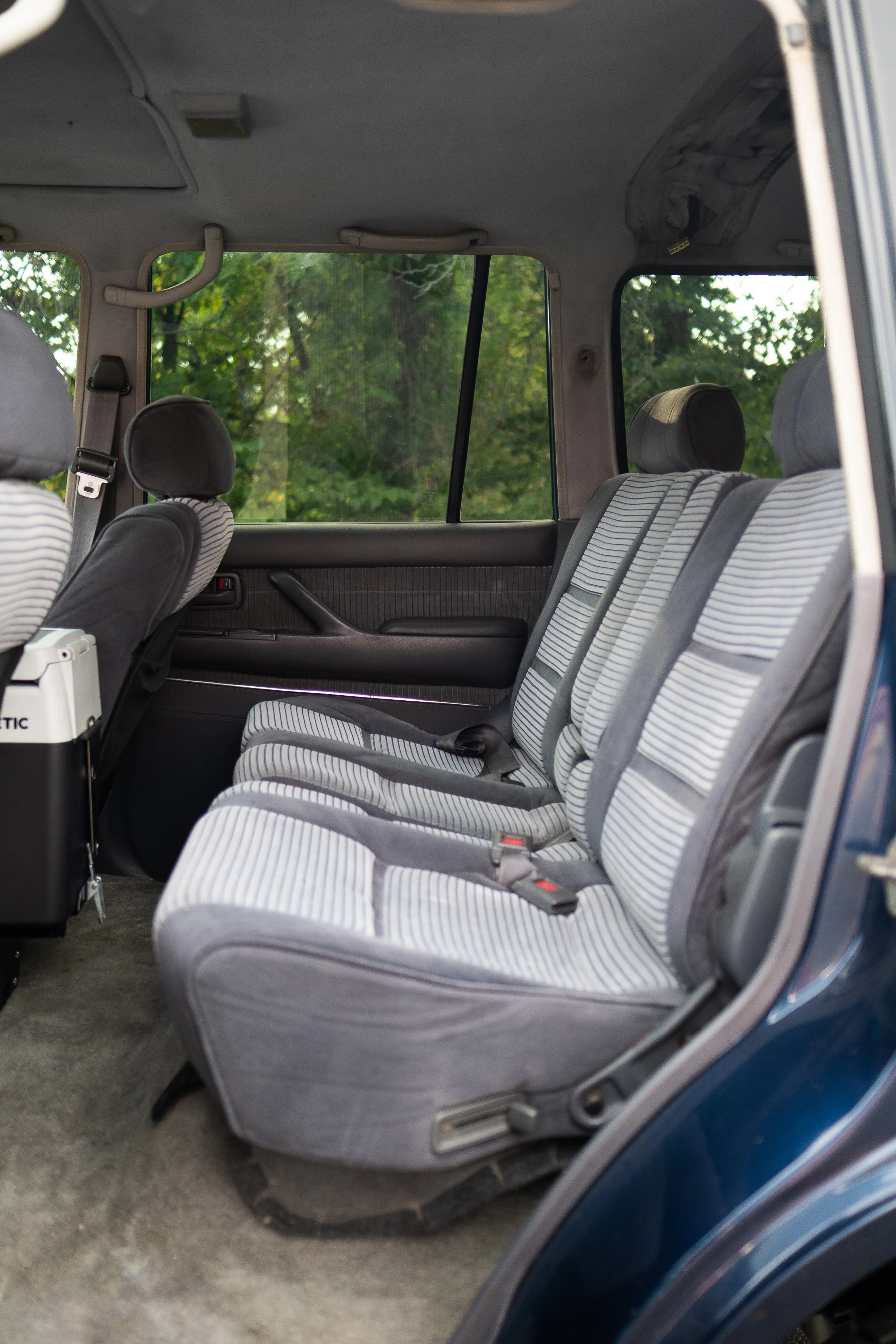The interior of a vehicle showing the back seats with striped fabric upholstery, several headrests, seat belts, and a large window with green foliage outside.